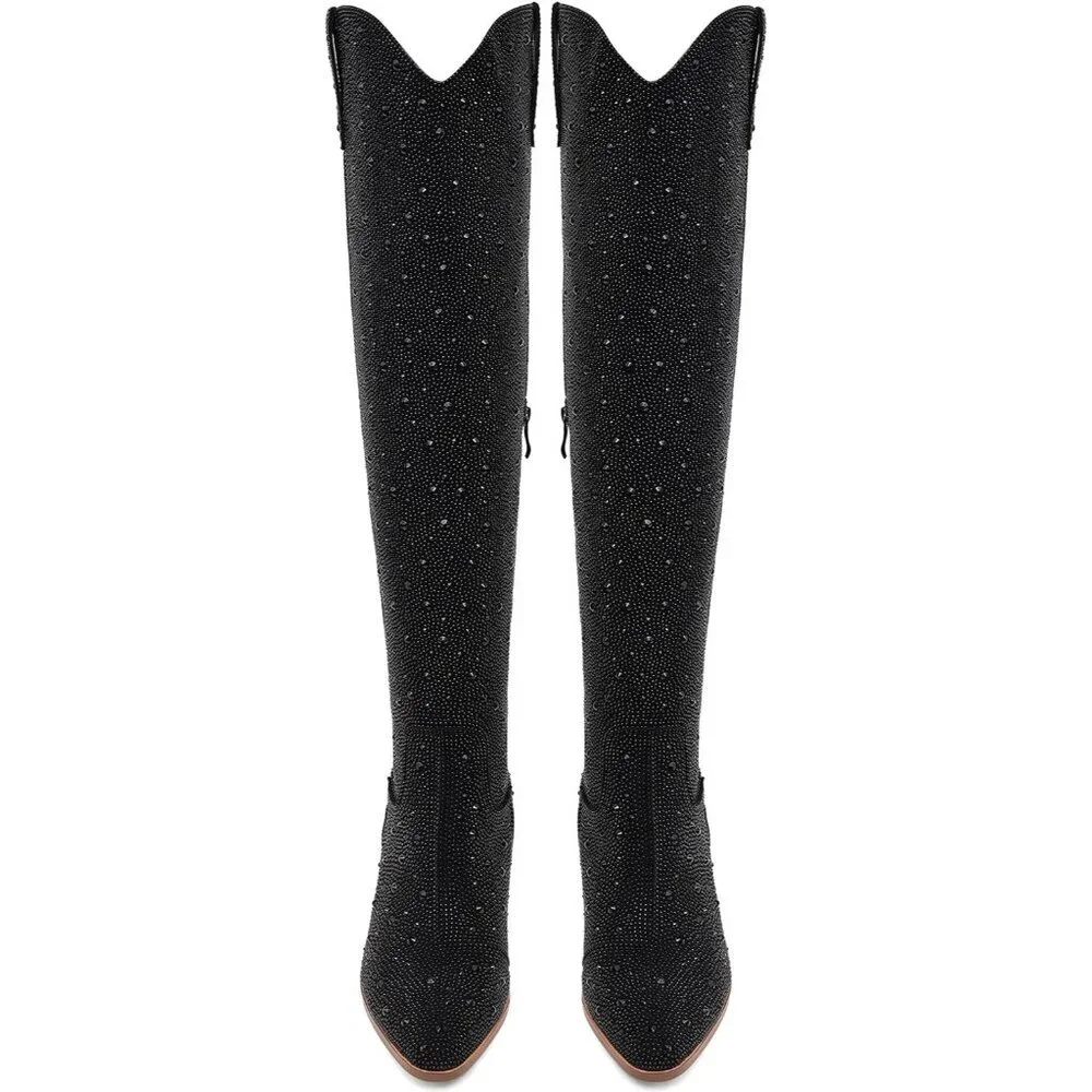 Women Black Faux Leather Sparkly Bling Rhinestone Over the Knee Cowboy Boots